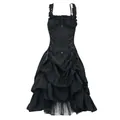 Full-length detail of black ruffled dress showing corset lacing and asymmetrical hemline - S / Dresses / Black