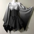 Gothic Renaissance medieval dress with flared sleeves and lace-up corset bodice details - S / Dresses / White Gradient