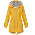 Yellow waterproof hooded raincoat with striped lining and drawstring for outdoor wear - S / Tops / Yellow