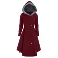 Detailed view of a burgundy hooded long wool coat featuring grey faux fur lining - L / Tops / Red