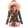Detailed view of women's camouflage winter parka with pink faux fur hood and lining. - S / Tops / Pink