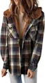 Detailed macro view of women's plaid jacket featuring a warm fleece-lined hood. - Orange Blue