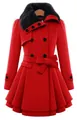 Elegant red mid-length double-breasted wool coat with black faux fur collar and belt - S / Tops / Red