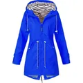 Detailed view of women's blue hooded rain jacket with classic striped lining and drawstring waist - S / Tops / Blue