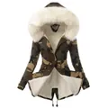 Detail of women's camouflage winter parka featuring thick white plush lining and fur hood - S / Tops / White