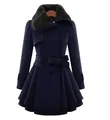 Front view of navy blue double-breasted wool coat with faux fur collar and pleated hem - S / Tops / Navy Blue