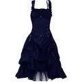 Elegant navy blue ruffled Gothic corset dress with lace-up detail and asymmetrical hem - Navy Blue
