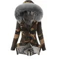Close-up of women's camouflage winter parka with thick grey faux fur hood and lining - S / Tops / Gray