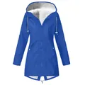 Close-up of blue hooded fleece-lined waterproof jacket with zipper and drawstrings - S / Tops / Blue