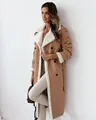 Long tan shearling-lined lapel coat with white fleece trim and double-breasted detail - S / Tops / Khaki