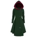 Detailed view of dark green vintage hooded coat with burgundy faux fur lining - Green / L