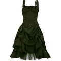 Detail view of dark green gothic dress with corset lacing and ruffled skirt - S / Dresses / Green