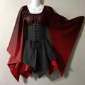 Macro view of Renaissance Gothic dress with red flared sleeves and black lace-up corset - S / Dresses / Red Gradient