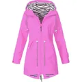 Bright pink women's hooded raincoat with stylish striped lining and drawstring waist detail - S / Tops / Rose Red