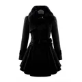 Front view of black wool coat featuring faux fur collar and belted pleated silhouette - S / Tops / Black