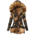 Detailed view of women's camouflage winter parka with warm faux fur lining and hood - S / Tops / Yellow Brown