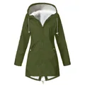 Full front view of olive green waterproof hooded jacket featuring plush white fleece lining - Army Green