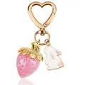 Sweet heart-shaped gold keychain with translucent pink strawberry and cute rabbit pendant - Pink Strawberry Heart Hook + Rabbit