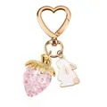Cute heart-shaped keychain with a translucent pink strawberry and white rabbit charm accessory - Light Pink Strawberry Heart Hook + Rabbit