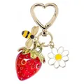Cute heart-shaped keychain with translucent strawberry bee and white flower charms - Red Strawberry Heart Hook + Bee Accessories