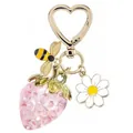Cute heart-shaped keychain with translucent pink strawberry, bee and daisy charms - Light Pink Strawberry Heart Hook + Bee Accessories