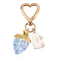 Heart-shaped gold keychain with translucent blue strawberry and cute white rabbit charm - Blue Strawberry Heart Hook + Rabbit