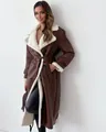 Stylish detail of long brown faux leather coat with white shearling trim and lapels - S / Tops / Coffee