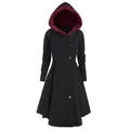 Detailed view of women's black hooded coat with wine red lining and asymmetrical buttons - Black / L
