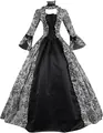 Medieval Victorian gown featuring flared sleeves and intricate damask pattern for cosplay. - S / Dresses / Black