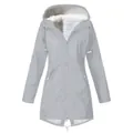 Detailed view of grey waterproof hooded jacket with soft white fleece lining - Light Gray