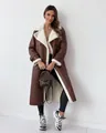 European style Maillard brown long faux leather shearling coat with white fur lining - S / Tops / Coffee
