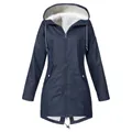 Full view detail of a navy blue waterproof jacket with warm white fleece lining inside - Navy Blue