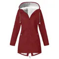 Red waterproof hooded outdoor jacket with white warm fleece lining for winter. - S / Tops / Burgundy