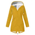 Women's yellow waterproof hooded jacket with warm white fleece lining outdoor coat - Yellow