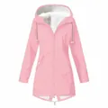 Women's plus size pink waterproof outdoor hooded jacket with warm white fleece lining - Pink