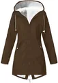 Close-up detail of brown waterproof hooded parka with warm white fleece lining - Coffee