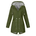 Front view of army green hooded raincoat showing striped lining detail and waist drawstring - S / Tops / Army Green