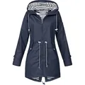 Women's navy blue waterproof hooded raincoat with striped lining and drawstring - S / Tops / Navy Blue