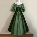 Detail showing green and black medieval off-shoulder dress with lace-up corset and full skirt. - S / Dresses / Dark Green