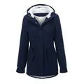 Detailed front view of a women's navy blue hooded parka with soft white fleece lining - S / Tops / Navy Blue