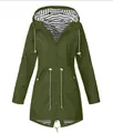 Giacca outdoor impermeabile verde militare da donna con coulisse e cappuccio a righe - Taglia S / Top / Verde