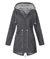 Women's lightweight dark gray hooded waterproof raincoat with striped lining detail. - Dark Gray