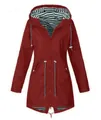 Detail view of red hooded raincoat with black and white striped lining and drawstring - S / Tops / Burgundy