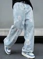 Streetwear light blue floral print wide-leg denim jeans for men high street style - XS / Bottoms / Light Blue