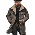 Detail view of men's mid-length sherpa-lined coat with vintage brown suede finish - 3XL / Top (5183#) / Grey + Black