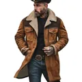 Detail view of men's vintage brown sherpa-lined mid-length warm winter coat jacket - 3XL / Top (5183#) / Khaki + Brown
