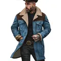 Close-up detail of men's color-block mid-length winter jacket with thick fleece lining - 3XL / Top (5183#) / Blue and Coffee