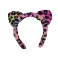 Detailed view of plush leopard cat ear headband with colorful gradient fuzzy texture - Pink Green Leopard