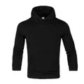 Premium plain black men's pullover hoodie featuring a front kangaroo pocket and fleece lining - Black