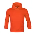Front view detail of a vibrant orange solid color fleece hooded sweatshirt with pocket - Orange